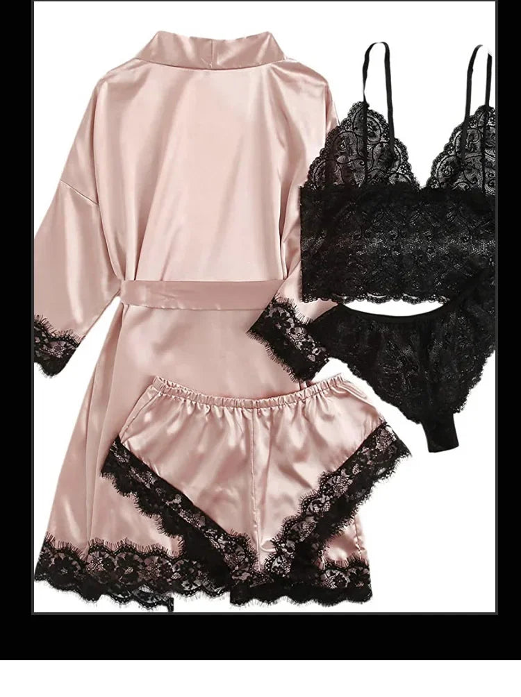 4 Pieces Woman Sleepwear Pajamas Ser With Robe Sexy Lace Lingerie Bathrobe Silk Satin Home Clothed Nightwear Robe